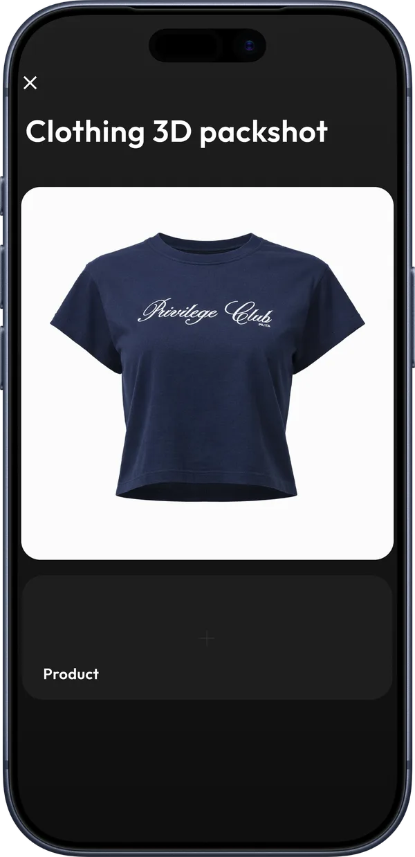 The Clothing 3D packshot template opened, showing an empty Product slot